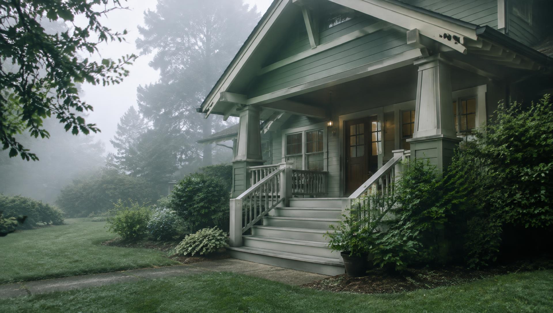 Craftsman porch in morning fog