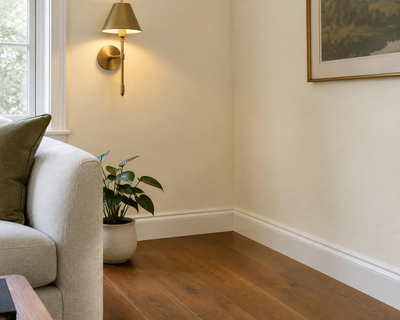 Room corner with new baseboard and brass sconce