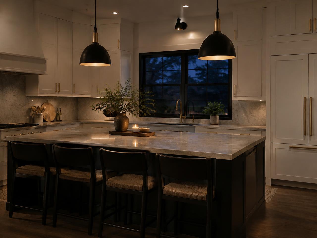 Kitchen with black pendants and brass pulls