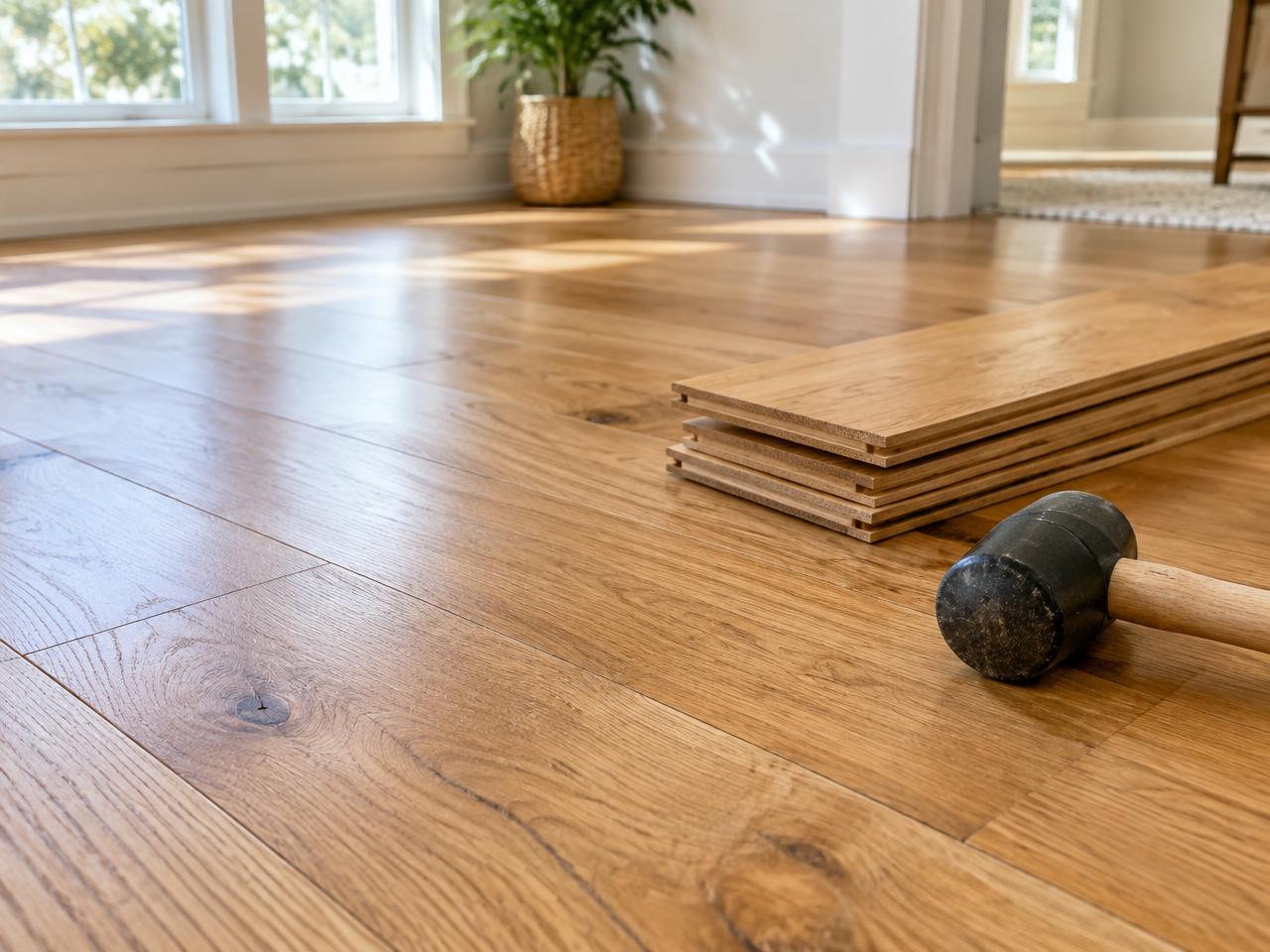 Oak floor planks with mallet